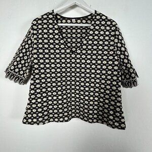 Womens Black & White Floral Embroidered V-Neck Blouse XXL Short Sleeve Casual